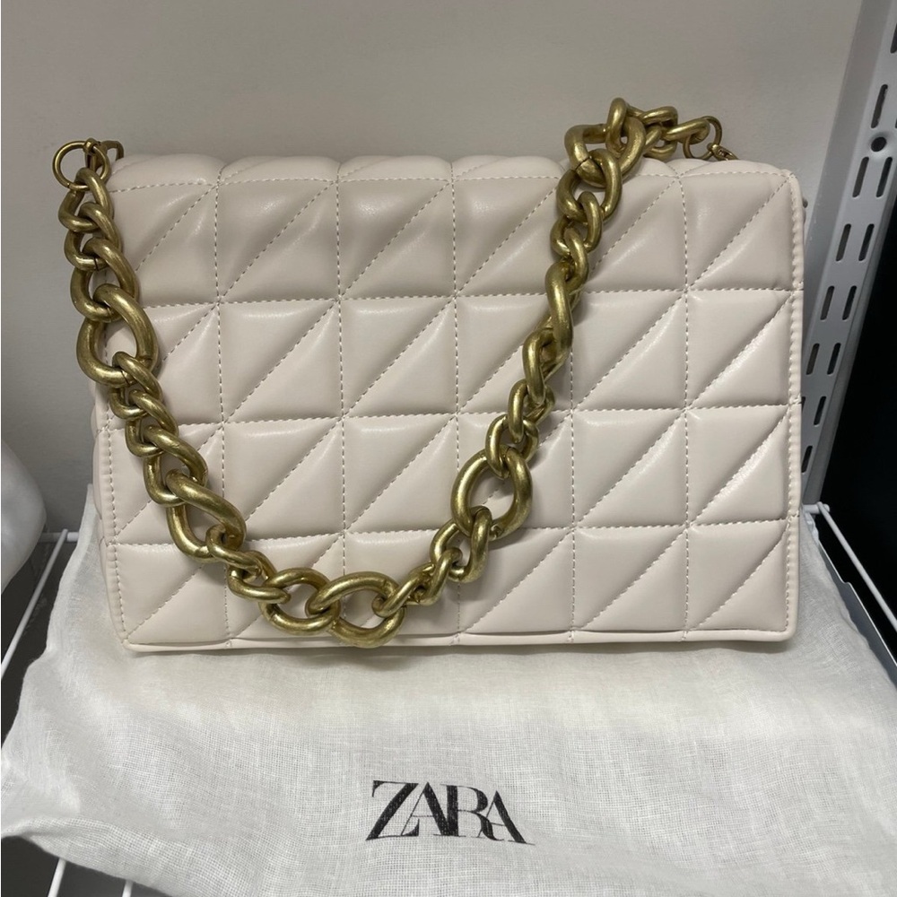 Zara Ivory Quilted Shoulder Bag with Gold Chain